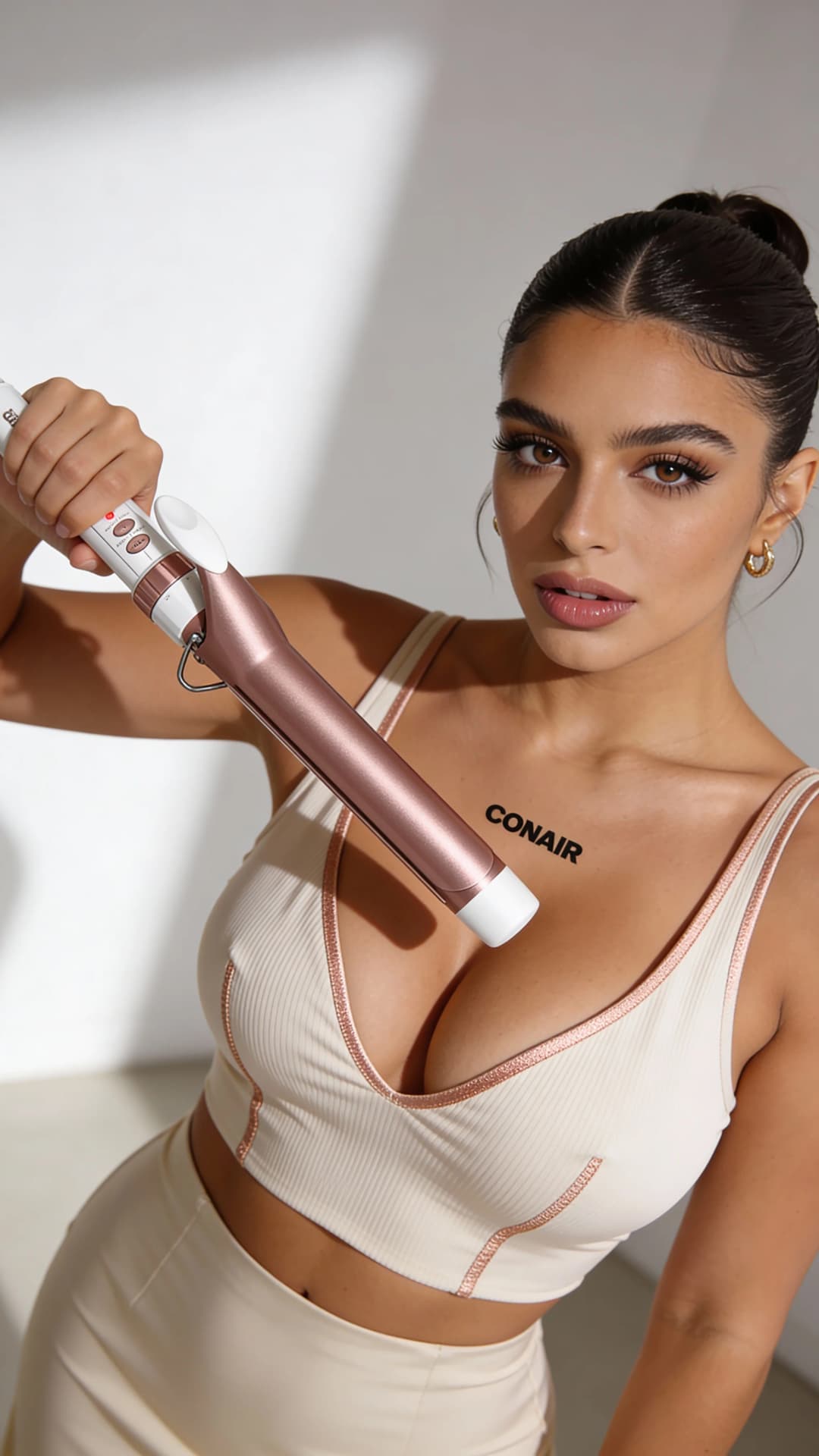 Virtual influencer woman product holding phone